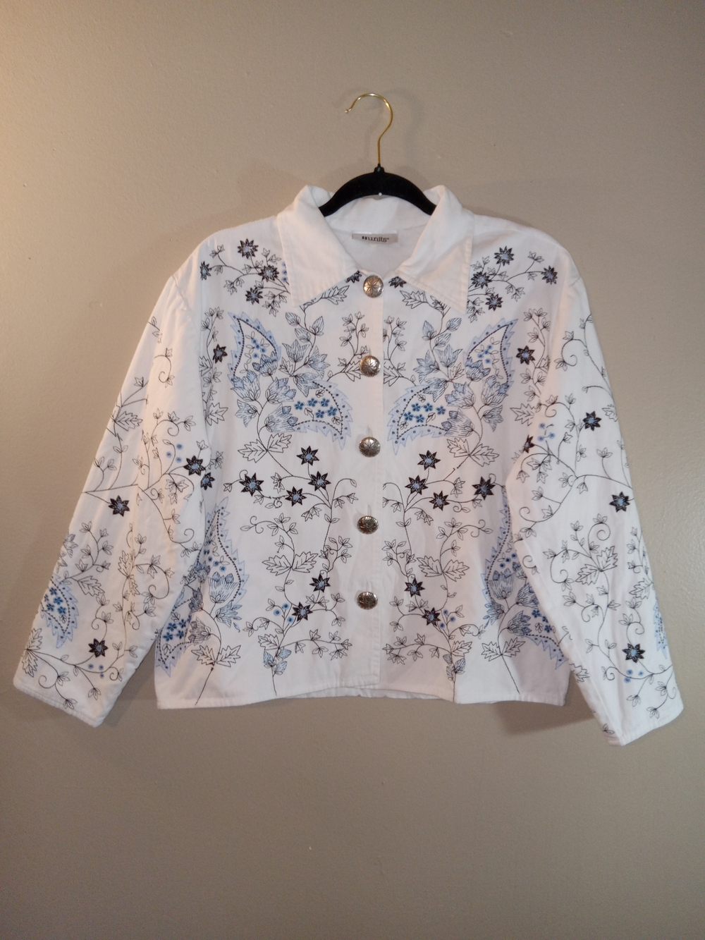 White Embroidered Floral Jean Jacket with Blue Accents